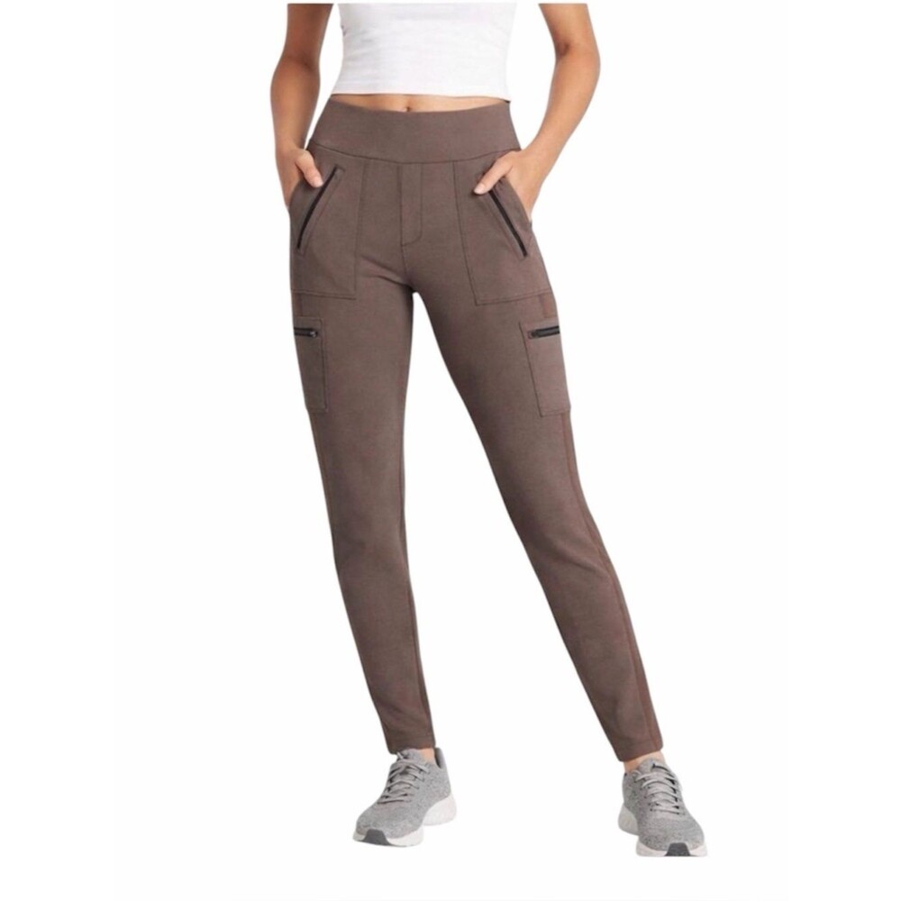 Athleta Headlands Hybrid Cargo Pants Women 14 Gray Taupe Stretch Utility Travel